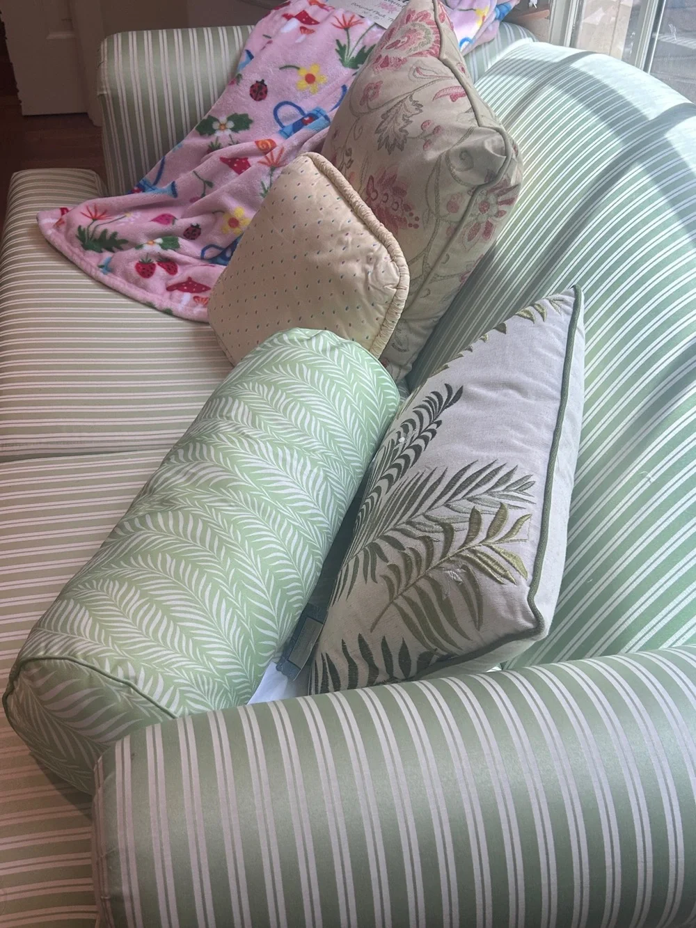 2 PC Ferns in Green + White Outdoor Bolster Pillow + Embroidered Palm Pillow NEW